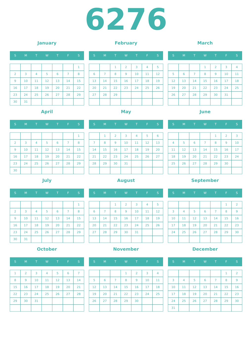 Printable 6276 Year Calendars verdigris