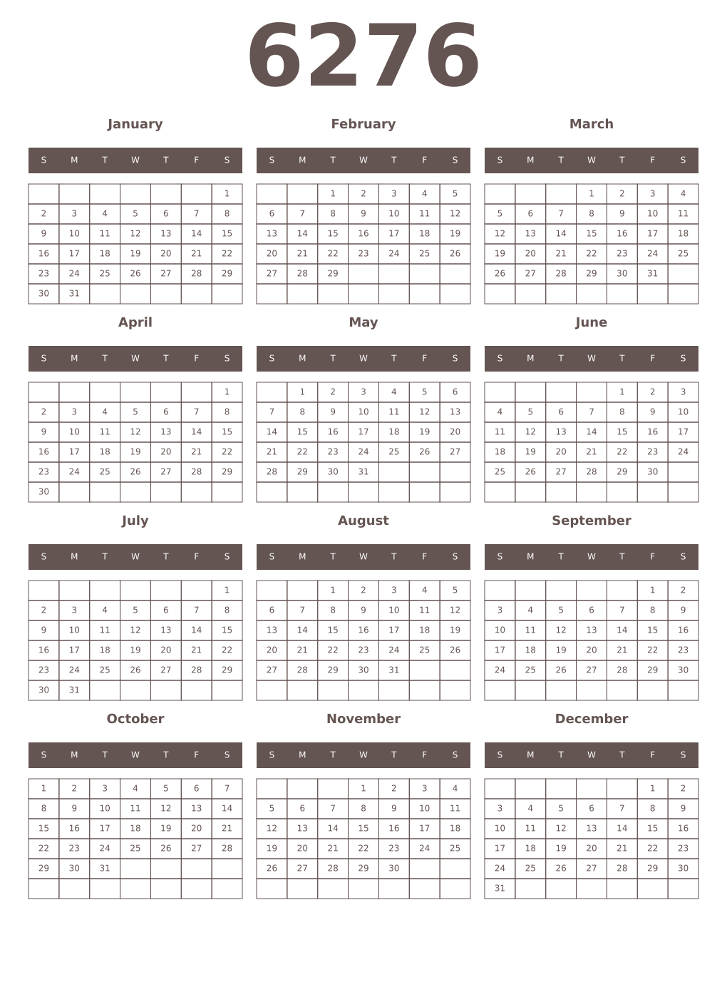 Printable 6276 Year Calendars wenge