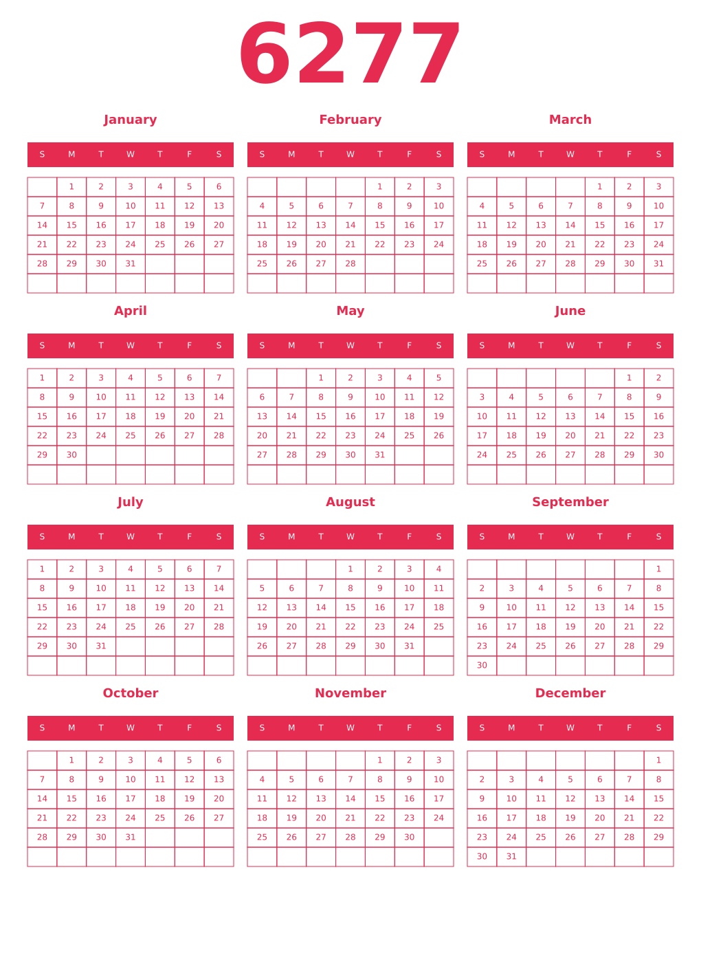 Printable 6277 Year Calendars amaranth