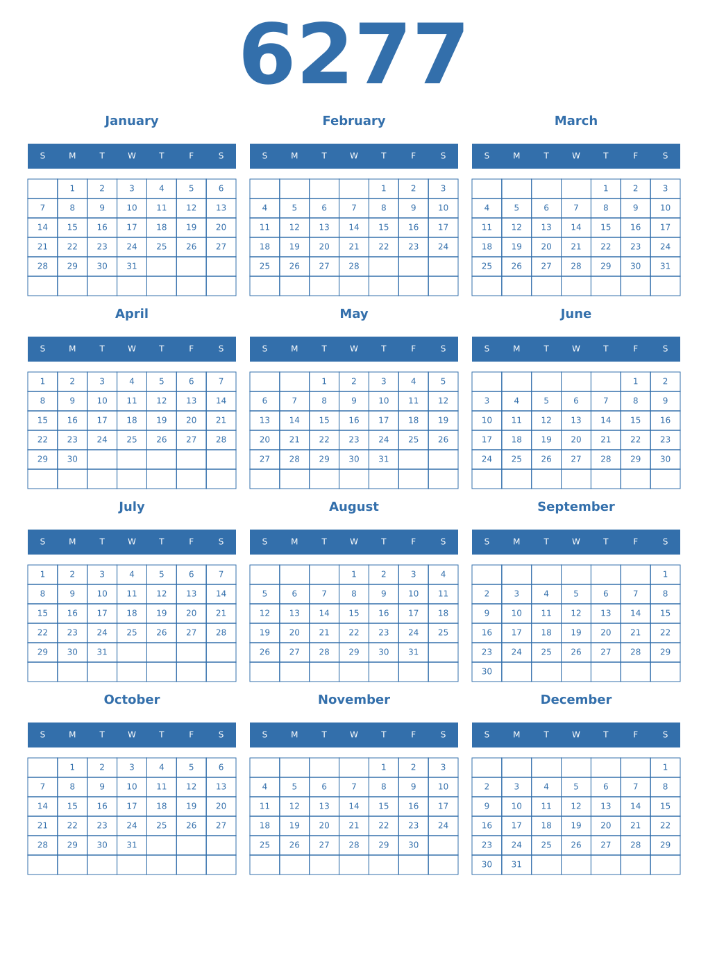 Printable 6277 Year Calendars blue