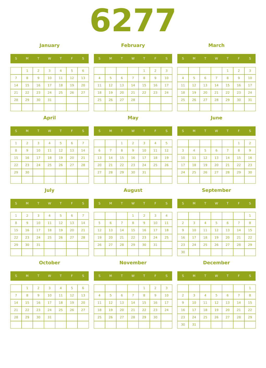 Printable 6277 Year Calendars chartreuse
