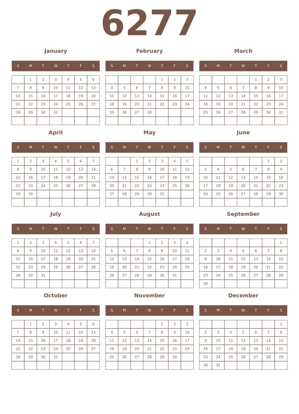 Printable 6277 Year Calendars coffe