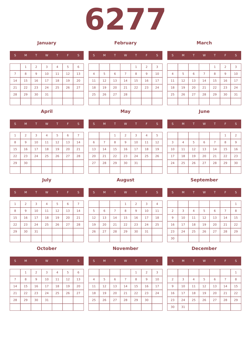 Printable 6277 Year Calendars cordovan