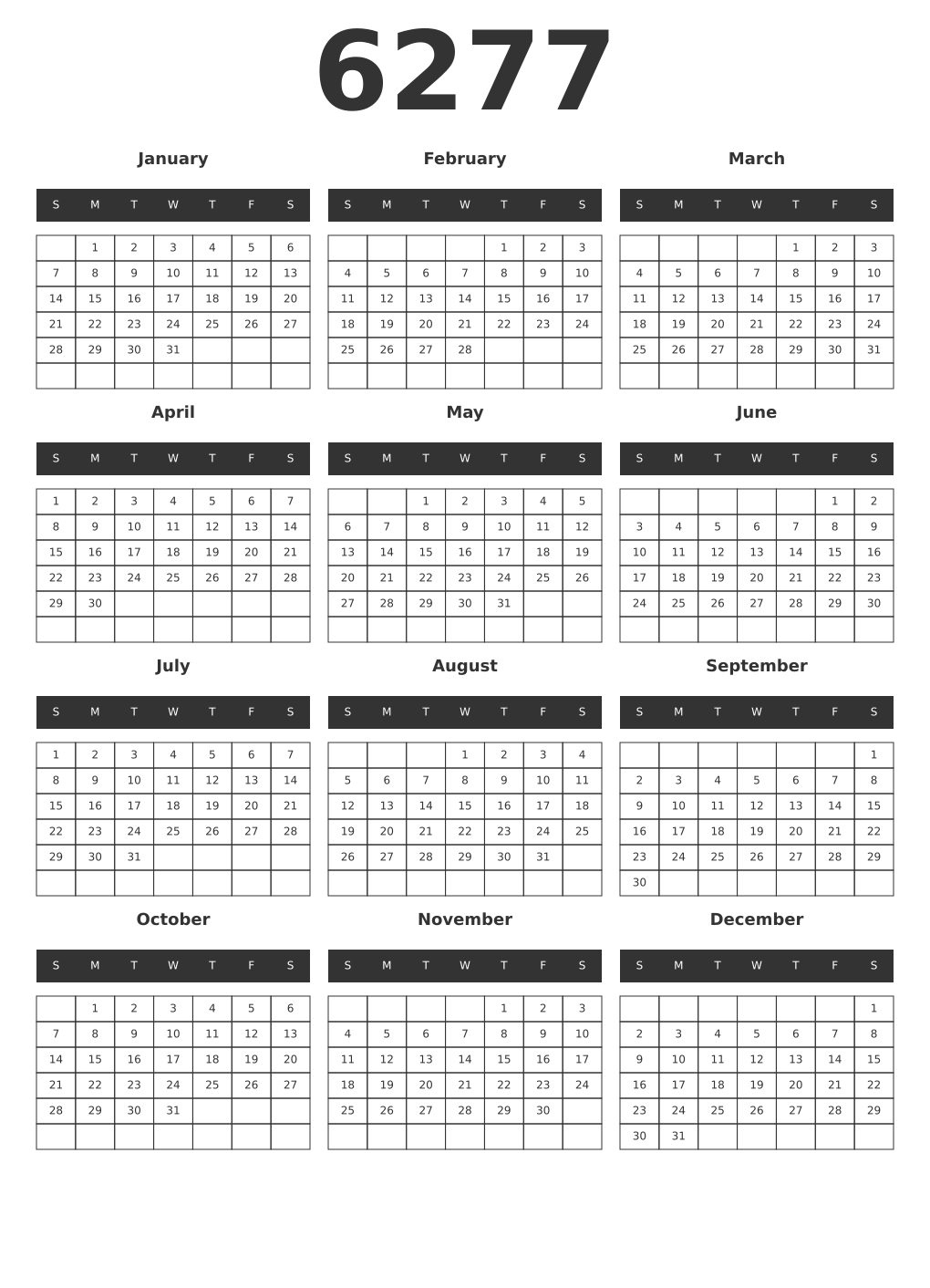 Printable 6277 Year Calendars dark