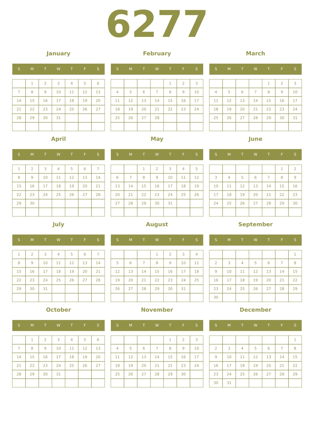 Printable 6277 Year Calendars eburnean