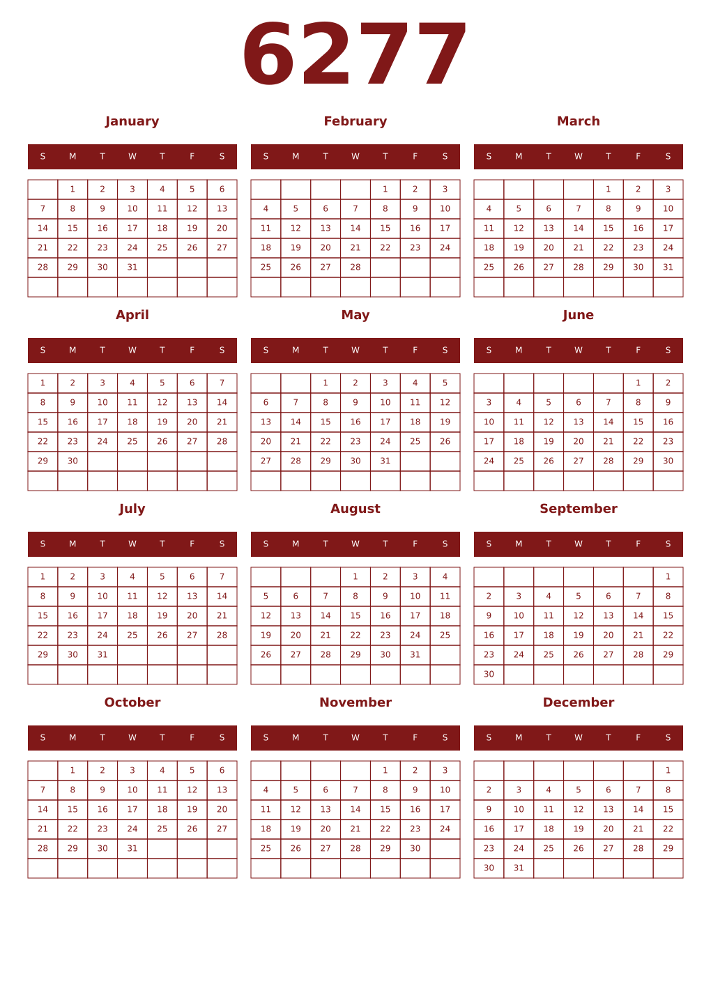 Printable 6277 Year Calendars falu