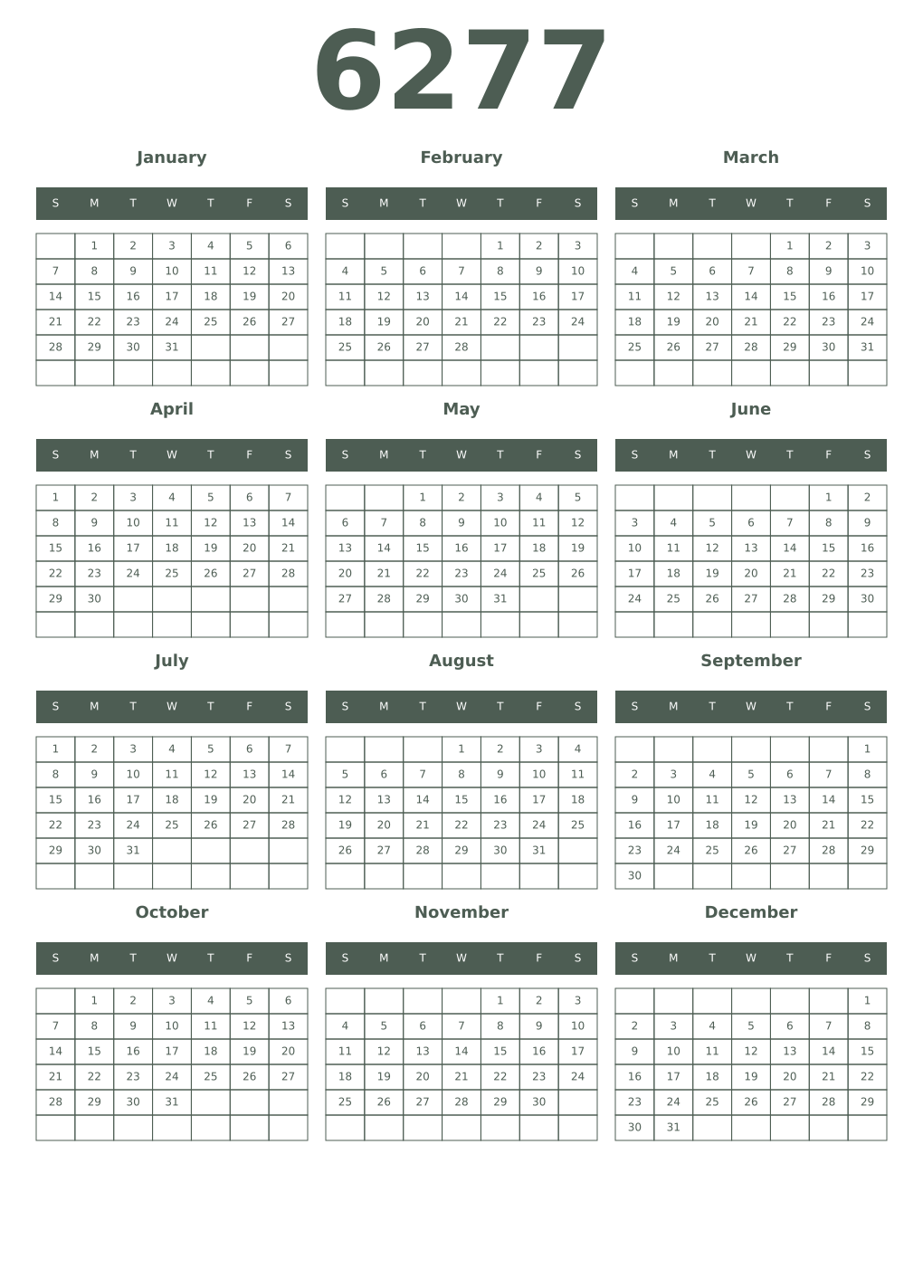 Printable 6277 Year Calendars feldgrau