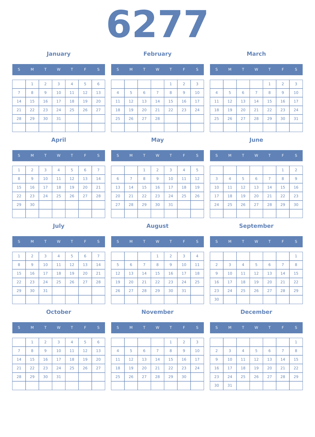 Printable 6277 Year Calendars glaucous