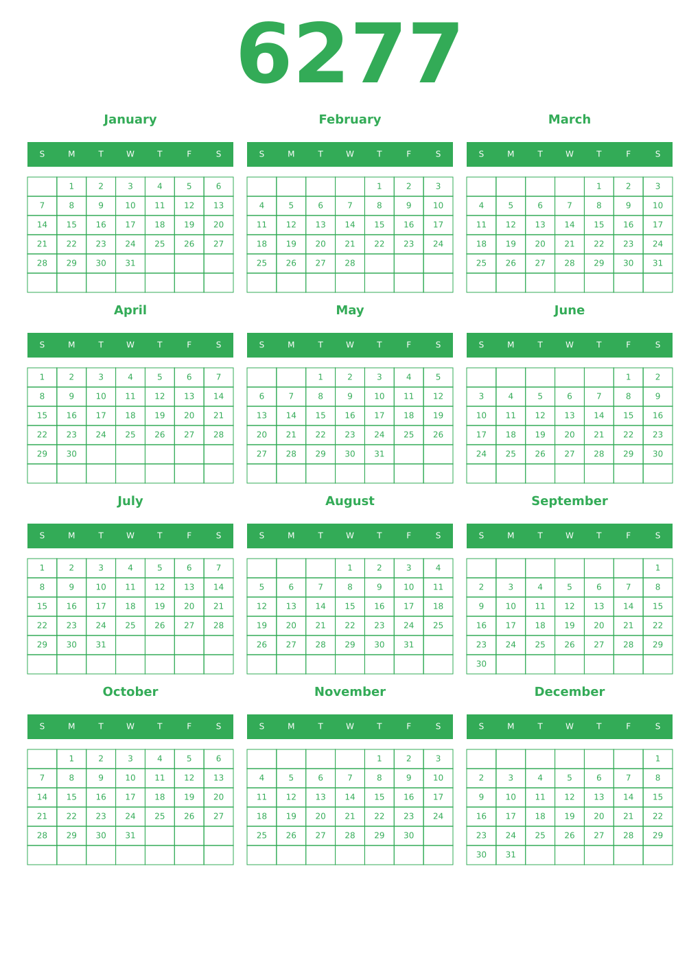 Printable 6277 Year Calendars green