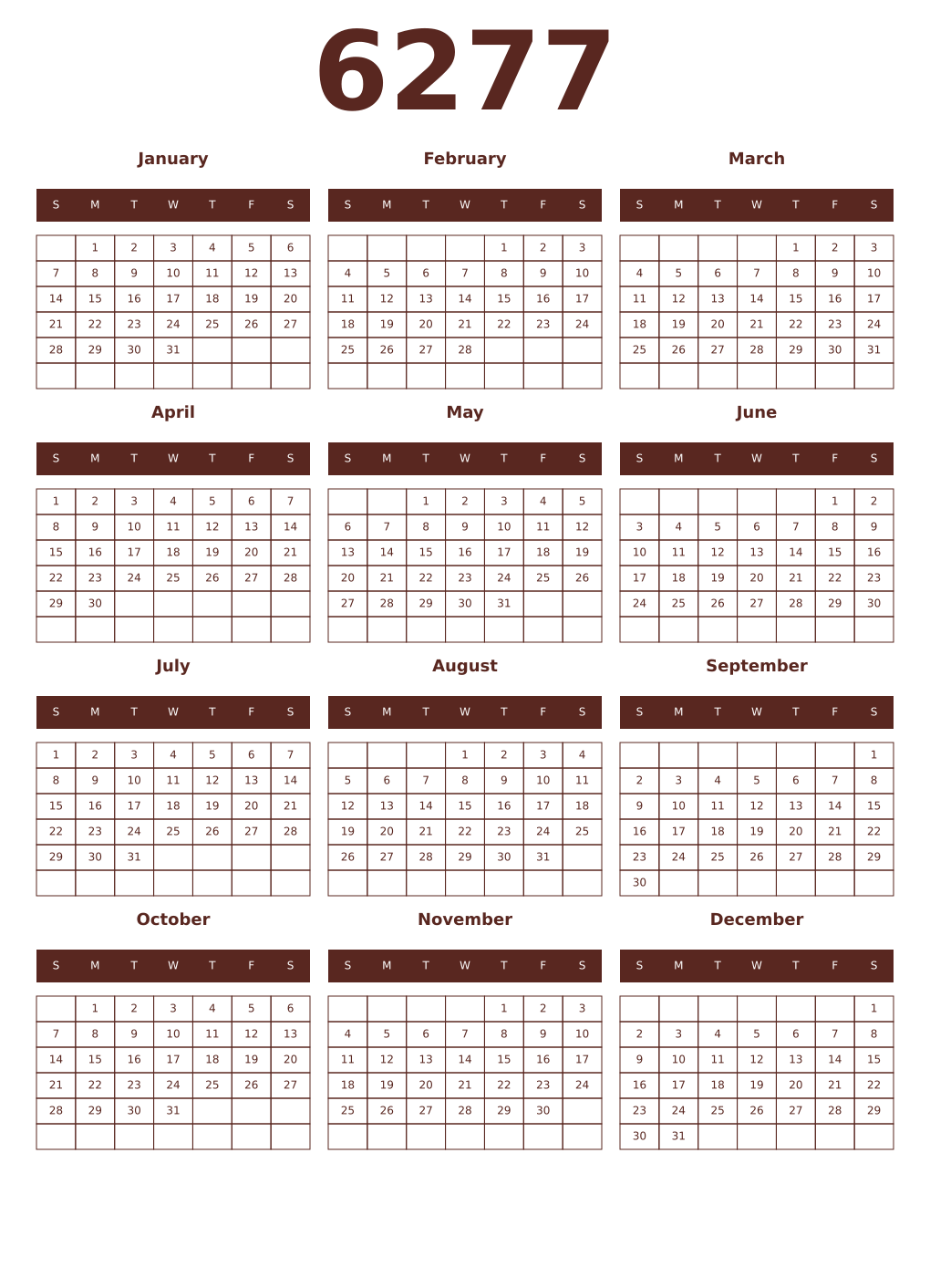Printable 6277 Year Calendars mortuum