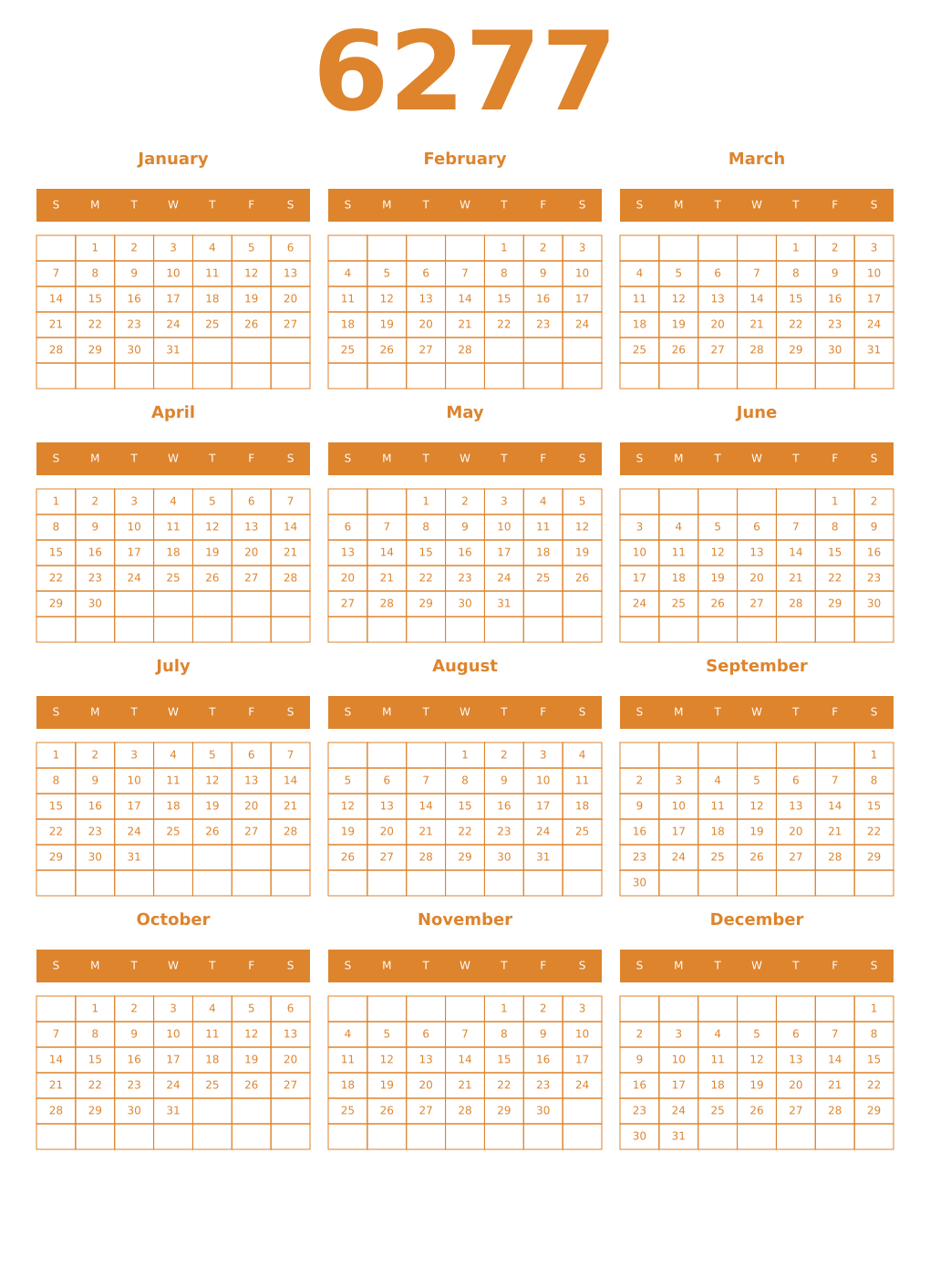 Printable 6277 Year Calendars orange
