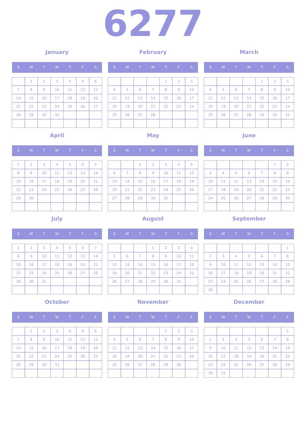 Printable 6277 Year Calendars periwinkle