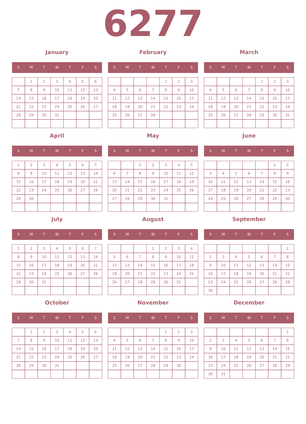Printable 6277 Year Calendars puce