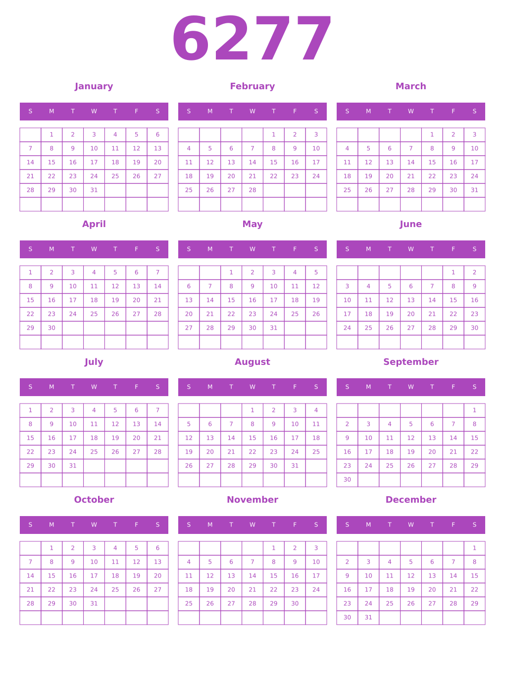 Printable 6277 Year Calendars purple