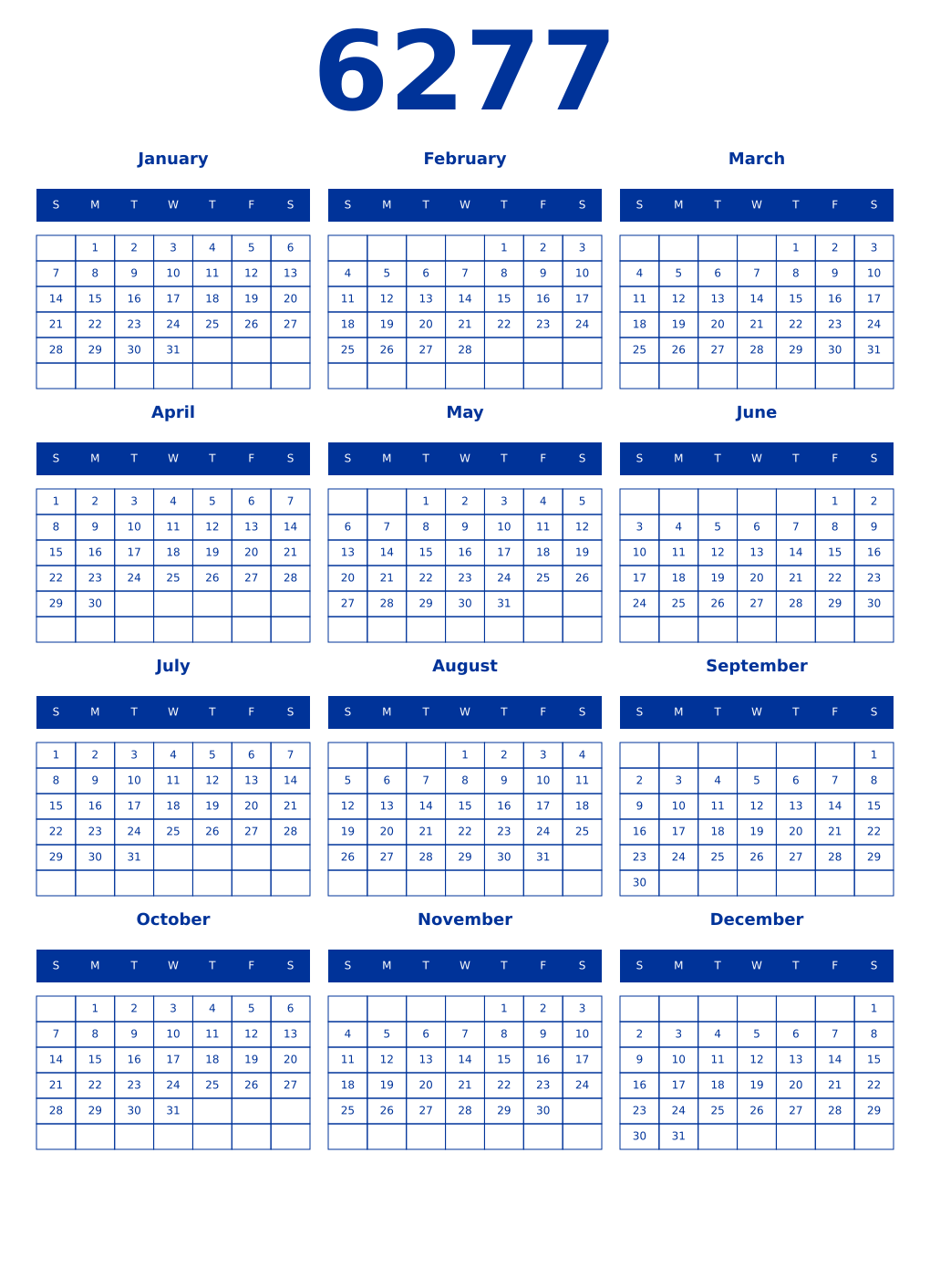Printable 6277 Year Calendars smalt