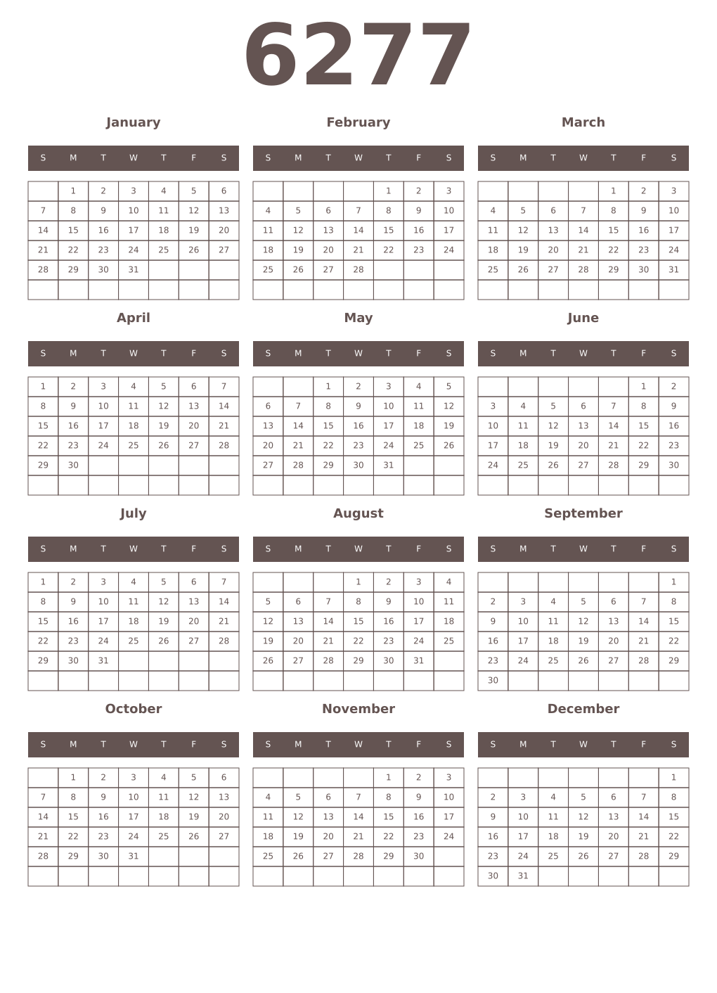 Printable 6277 Year Calendars wenge