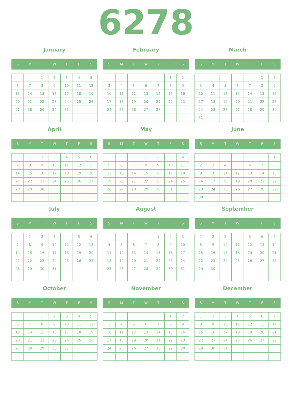 Printable 6278 Year Calendars celadon