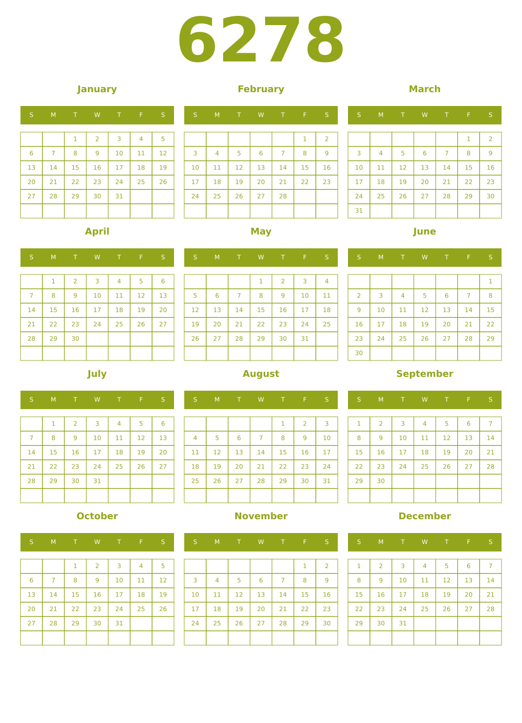 Printable 6278 Year Calendars chartreuse
