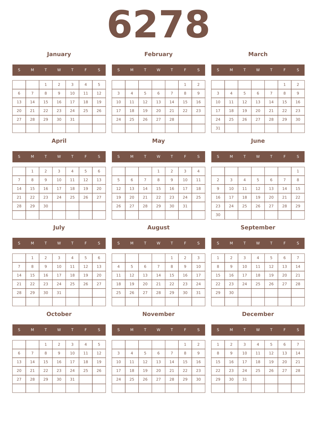 Printable 6278 Year Calendars coffe