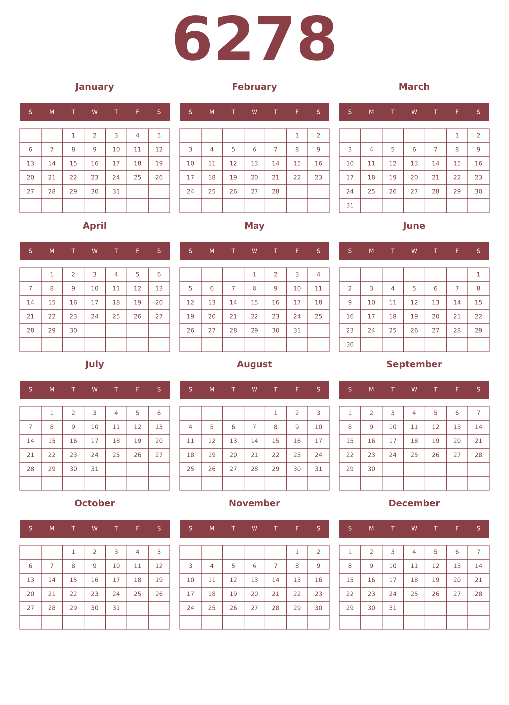 Printable 6278 Year Calendars cordovan