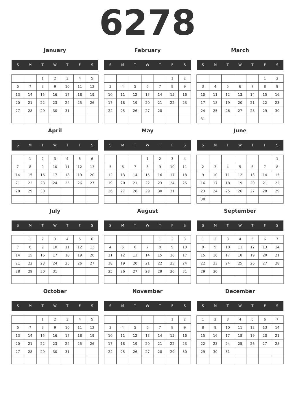 Printable 6278 Year Calendars dark