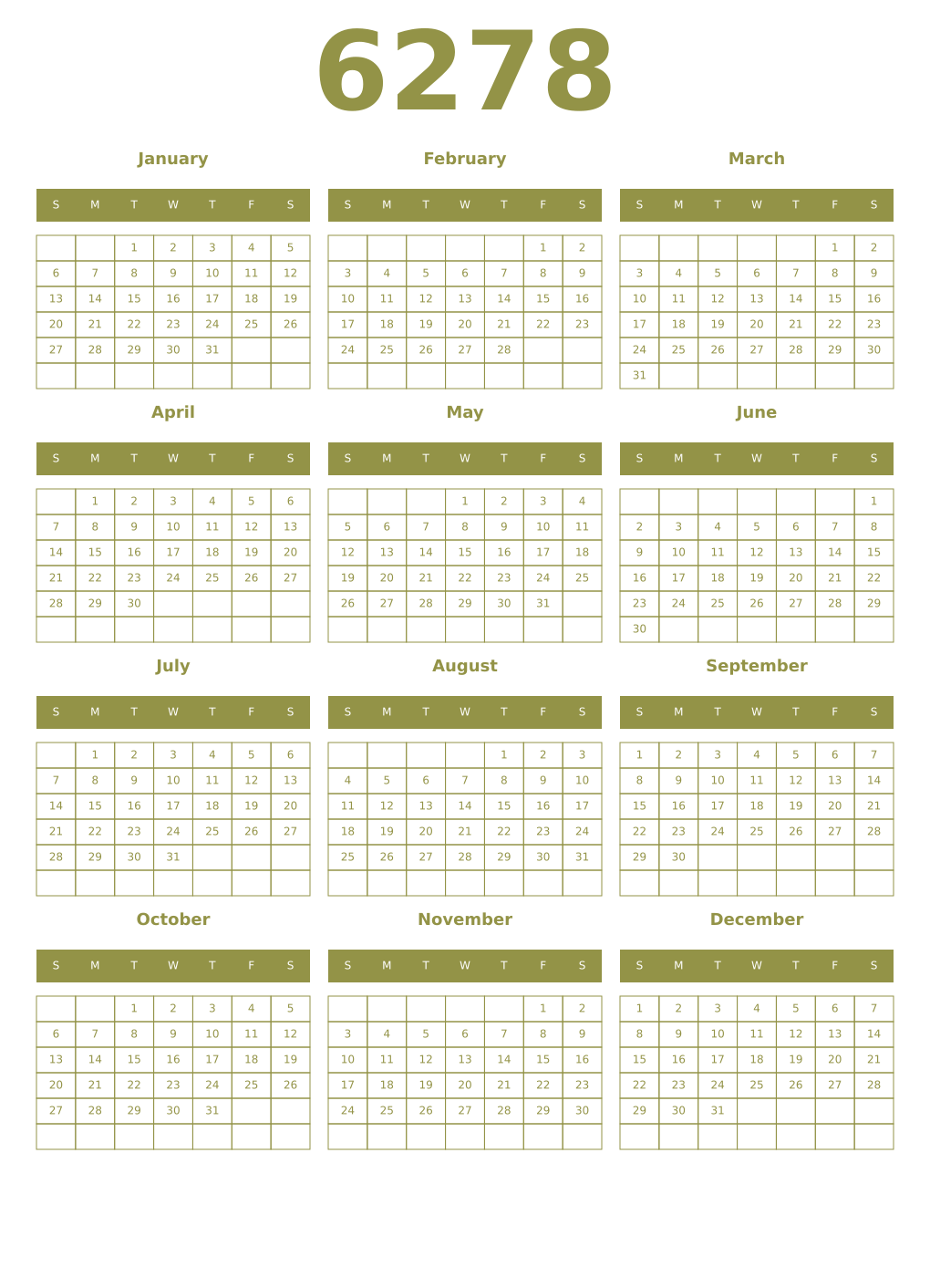 Printable 6278 Year Calendars eburnean