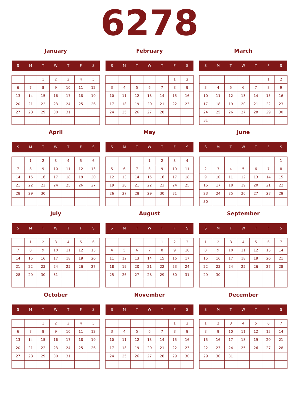 Printable 6278 Year Calendars falu
