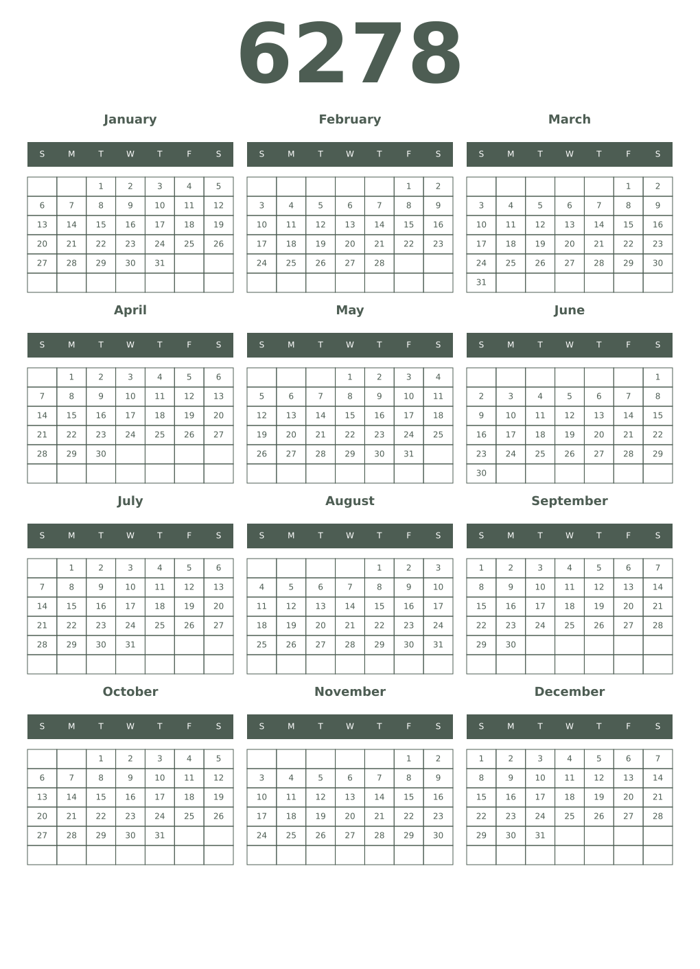 Printable 6278 Year Calendars feldgrau