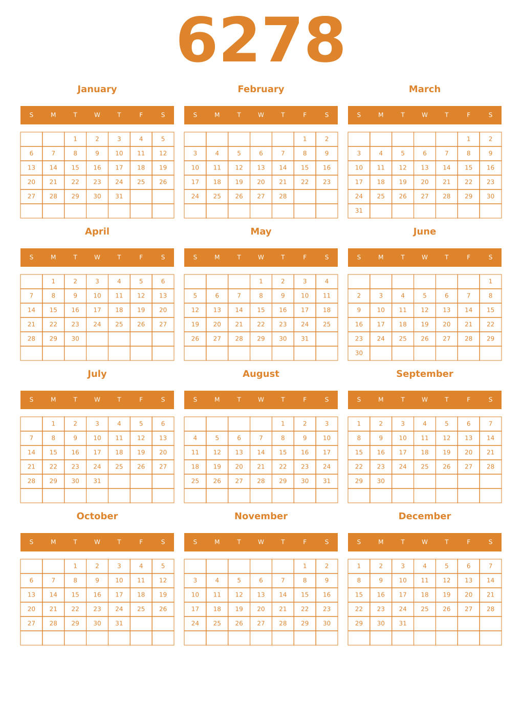 Printable 6278 Year Calendars orange
