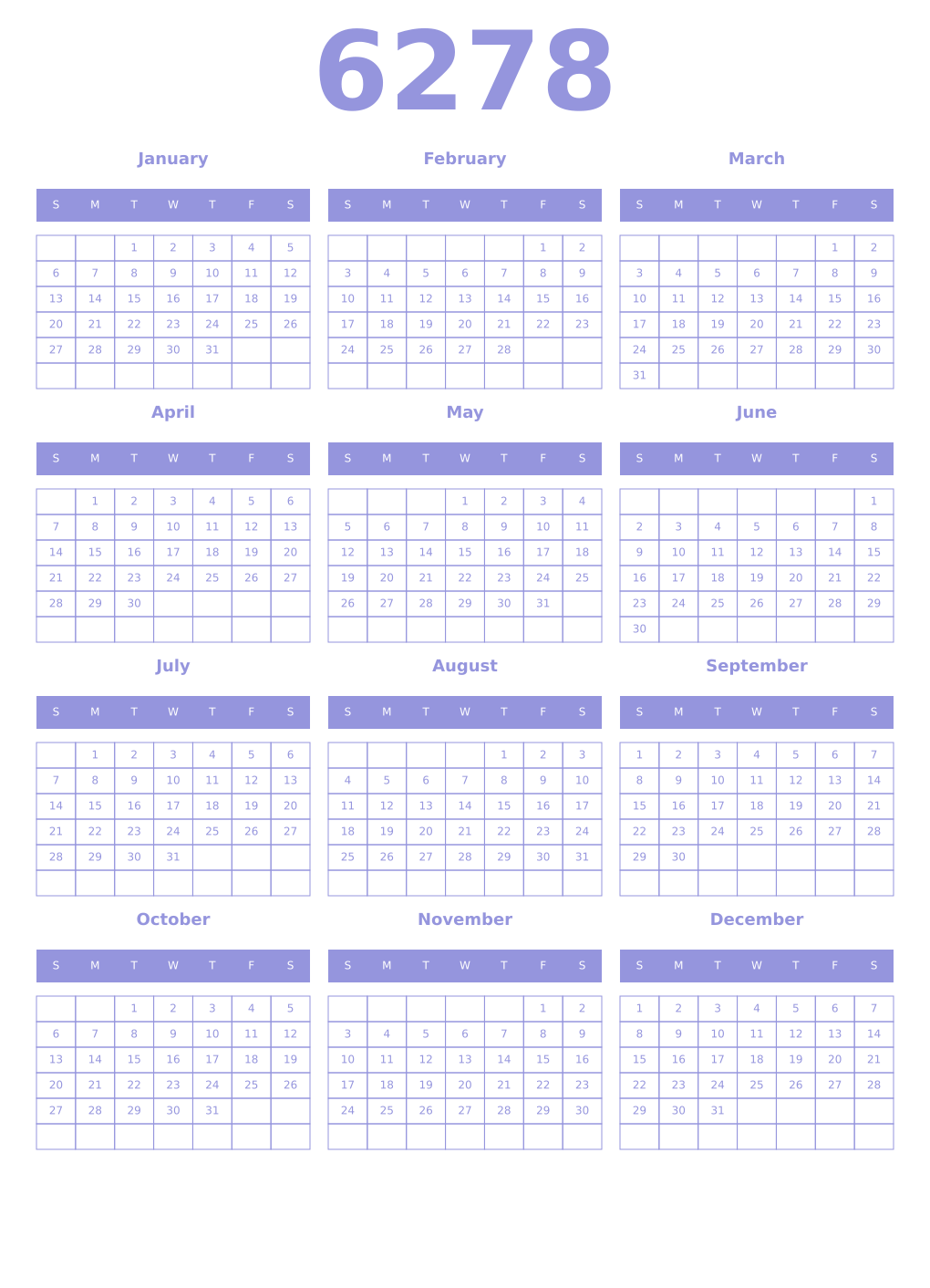 Printable 6278 Year Calendars periwinkle
