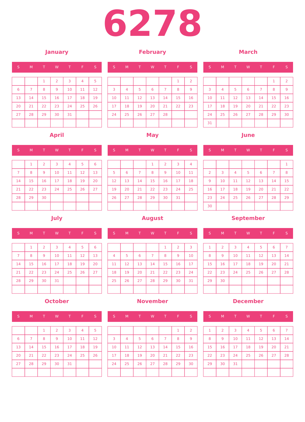 Printable 6278 Year Calendars pink