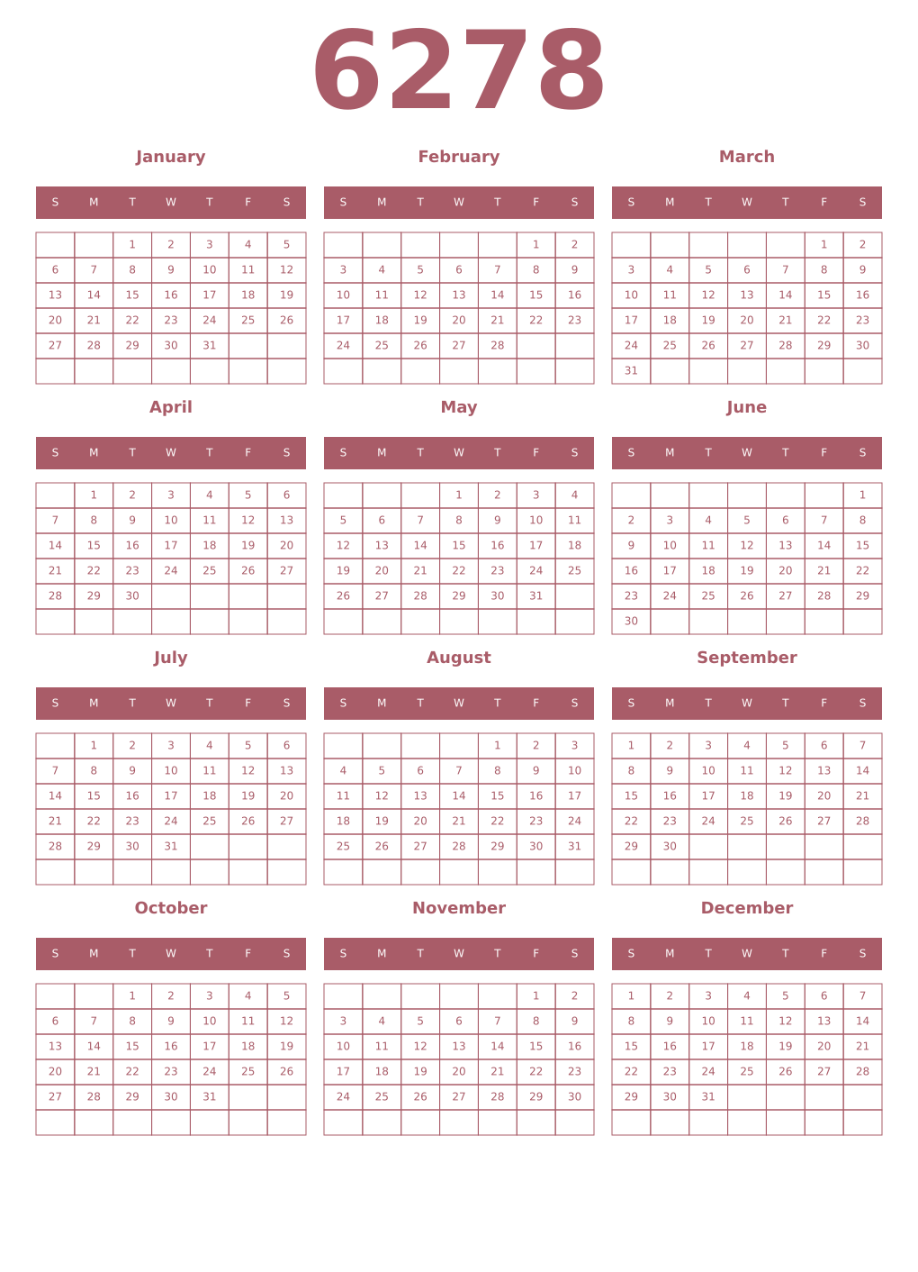Printable 6278 Year Calendars puce