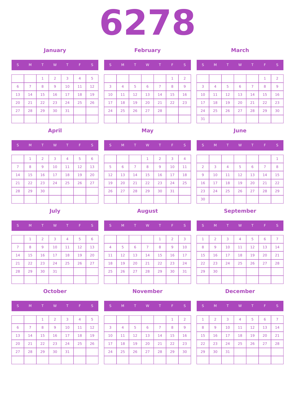 Printable 6278 Year Calendars purple