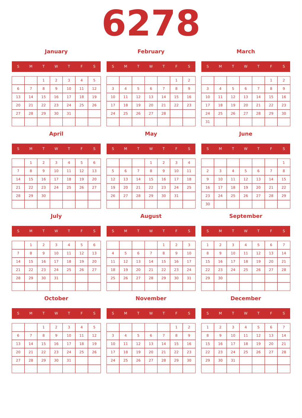Printable 6278 Year Calendars red