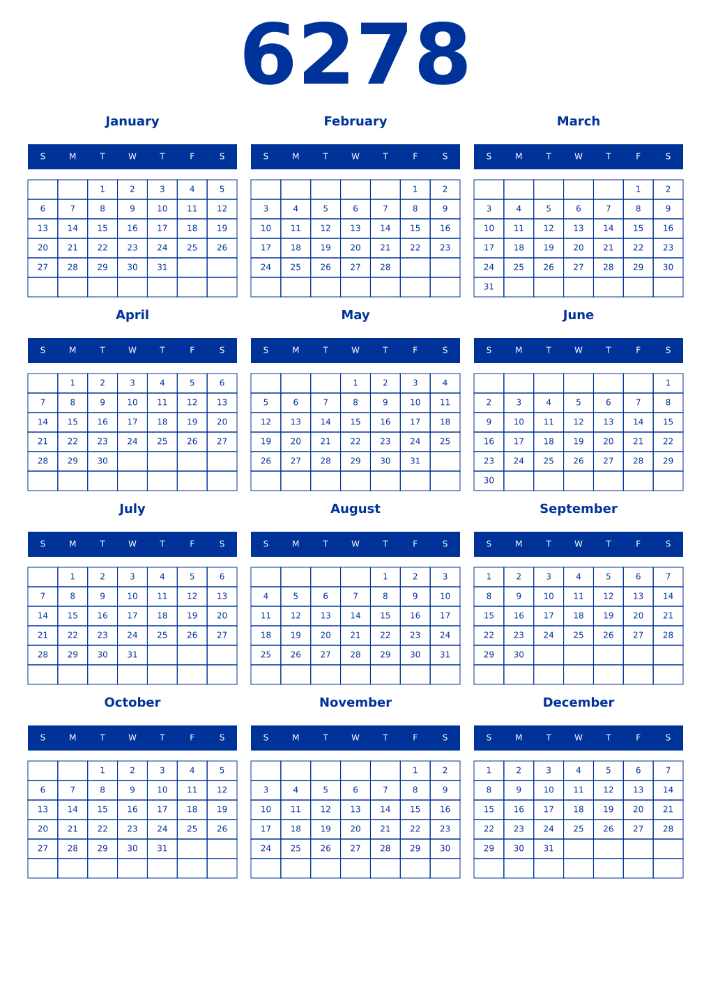 Printable 6278 Year Calendars smalt