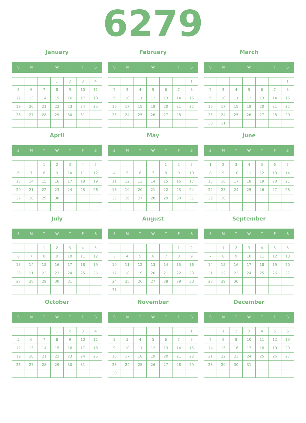 Printable 6279 Year Calendars celadon