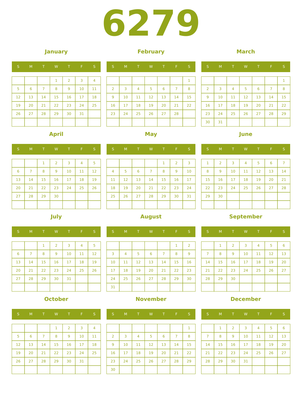 Printable 6279 Year Calendars chartreuse
