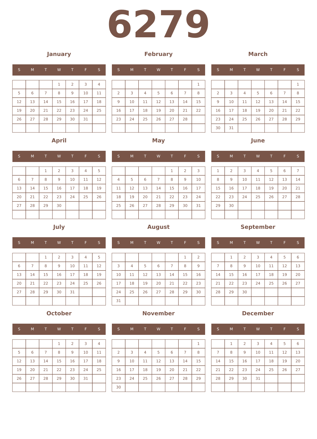 Printable 6279 Year Calendars coffe