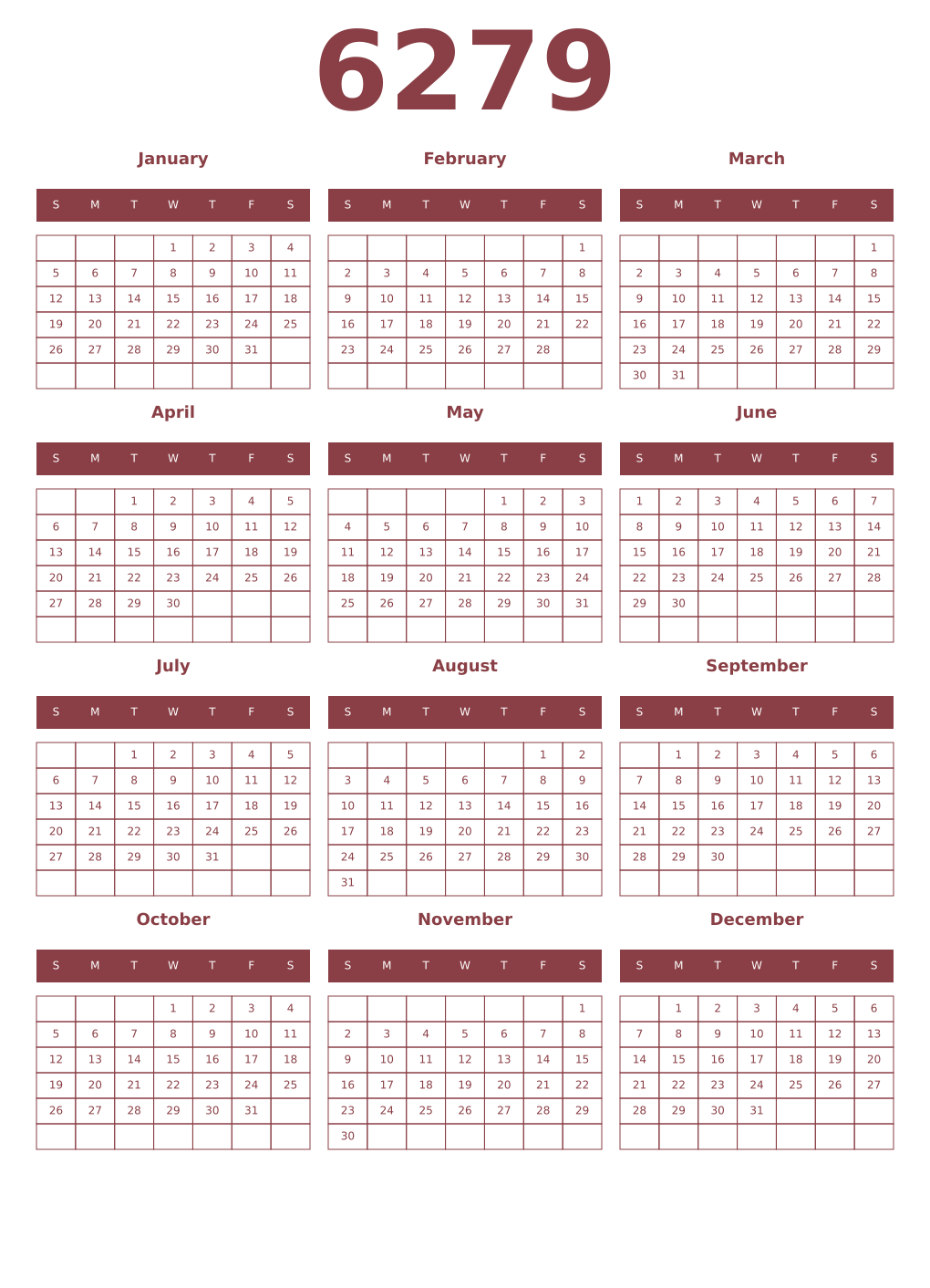 Printable 6279 Year Calendars cordovan