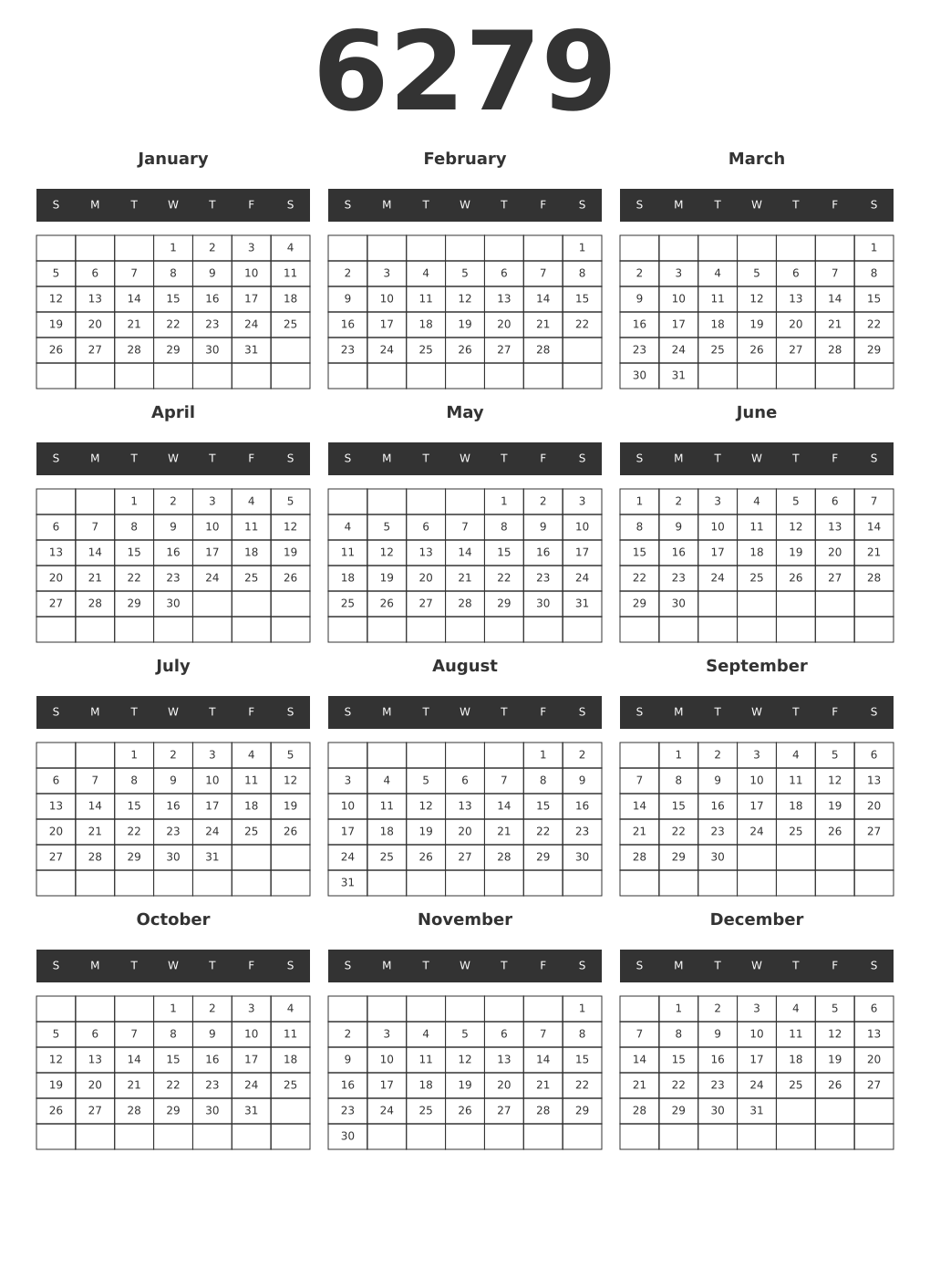 Printable 6279 Year Calendars dark