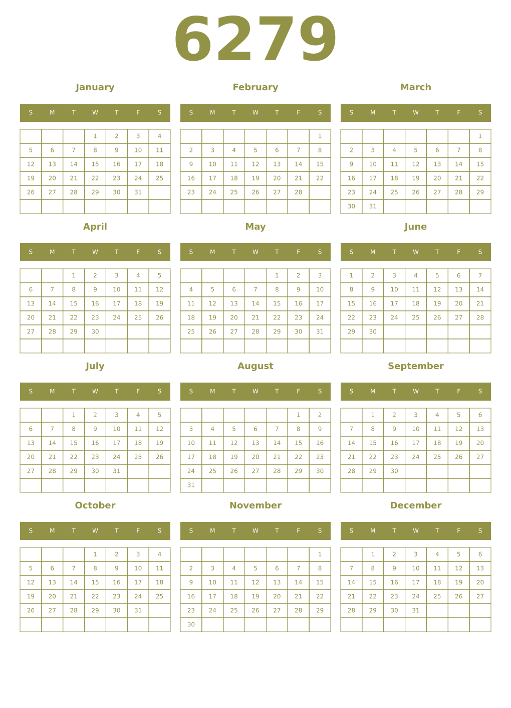 Printable 6279 Year Calendars eburnean