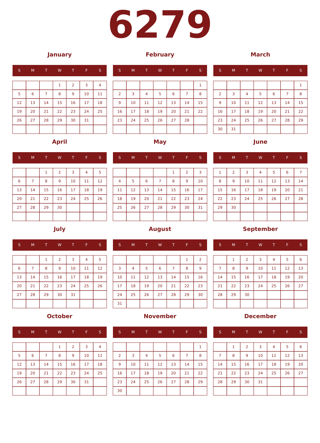 Printable 6279 Year Calendars falu