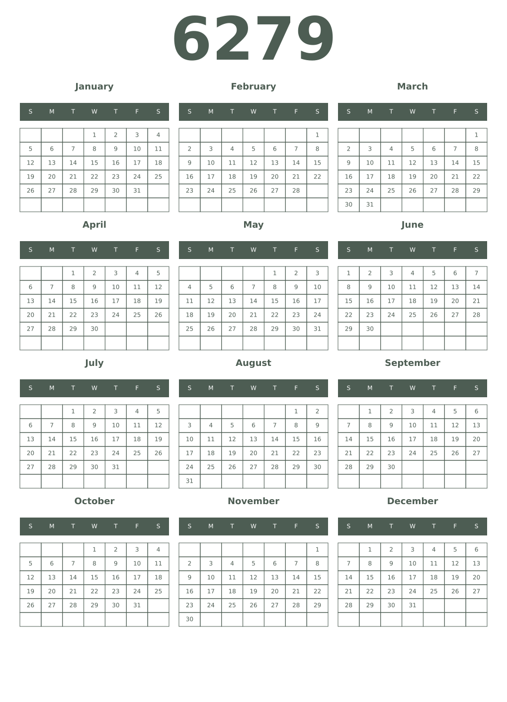 Printable 6279 Year Calendars feldgrau