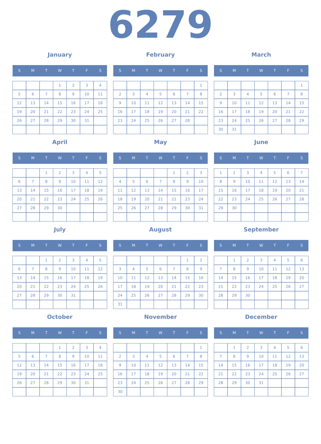 Printable 6279 Year Calendars glaucous
