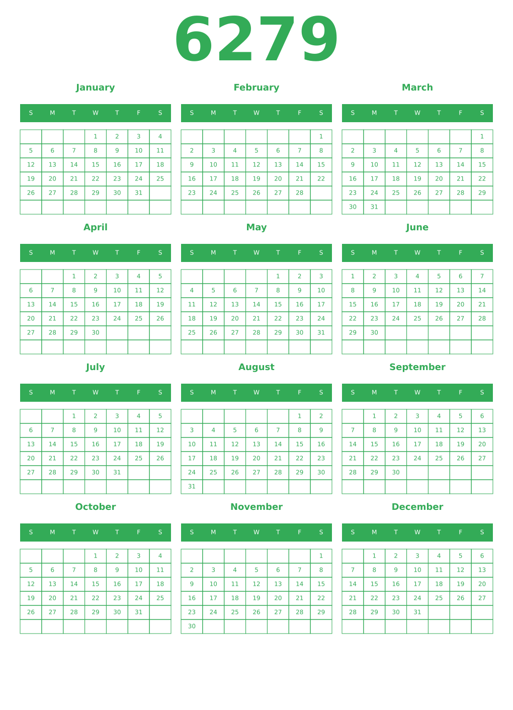 Printable 6279 Year Calendars green