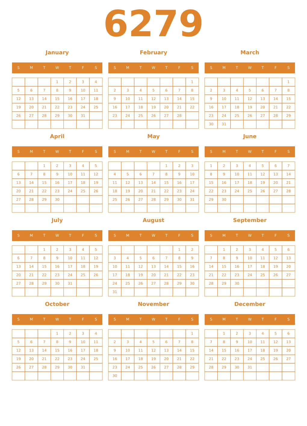 Printable 6279 Year Calendars orange
