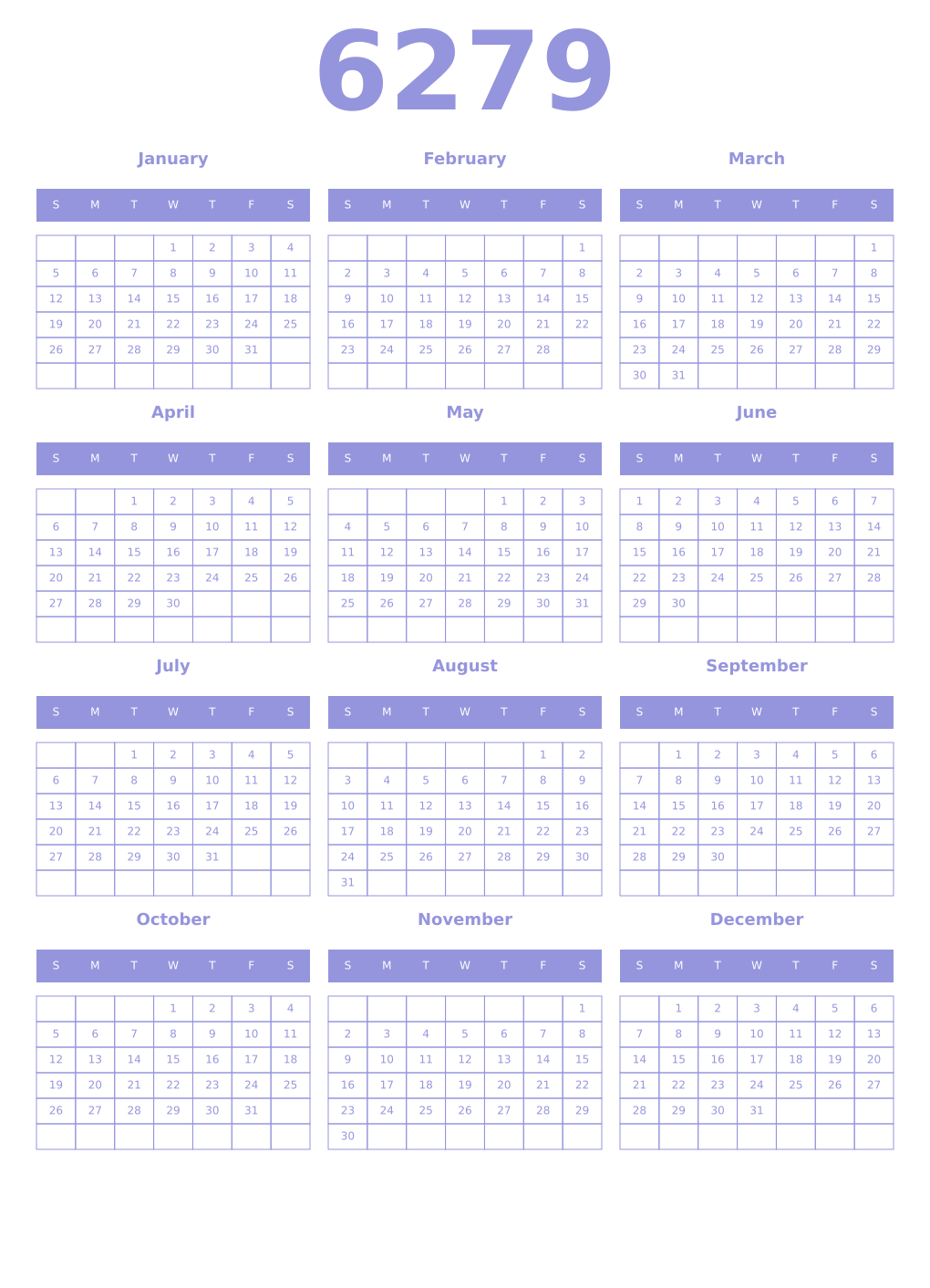 Printable 6279 Year Calendars periwinkle