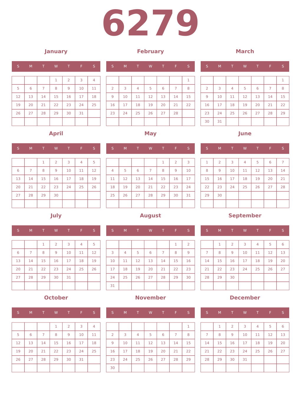 Printable 6279 Year Calendars puce