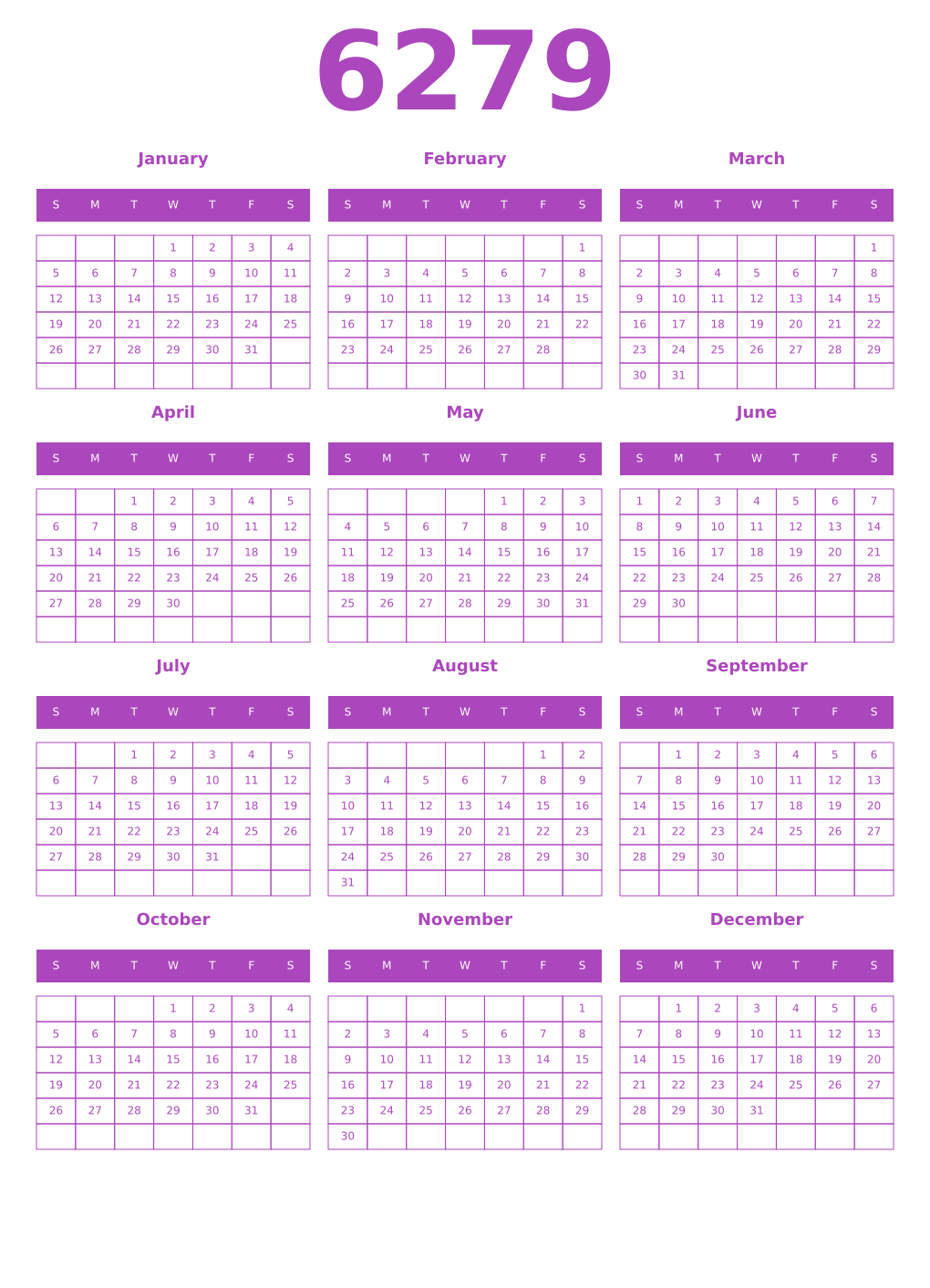 Printable 6279 Year Calendars purple