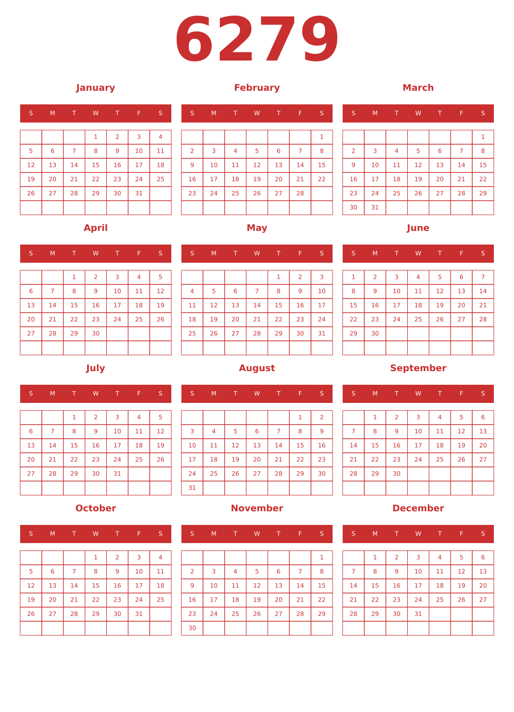 Printable 6279 Year Calendars red